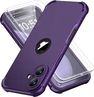 for iPhone 16 Case with 2 x Screen Protectors (15FT Military Drop Protection)(Full Camera Protection) Full Body Shockproof Bumper Anti Scratch Slim Phone Case for iPhone 16 - Purple