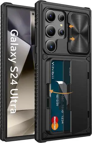 for  Galaxy S24 Ultra Case with Card Holder (4 Cards) & Slide Camera Cover & Kickstand Shockproof Rugged Hard Back & TPU Soft Edge Wallet Case for Galaxy S24 Ultra 5G 6.8 2024 Black