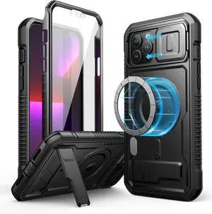 for iPhone 13 Pro Max Case with Camera Cover Compatible with MagSafe Built-in Screen Protector Heavy-Duty Shockproof Full-Body Rugged Protective Magnetic Cover with Kickstand Black