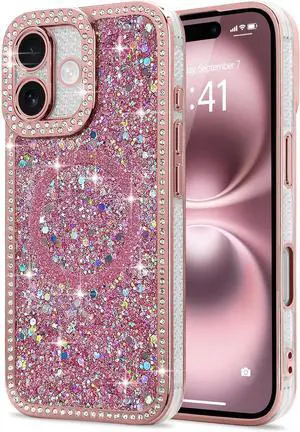 for iPhone 16 Case Glitter Luxury Bling Sparkly Rhinestone Diamonds Cover Compatible with MagSafe for Women Girls Soft TPU Slim Shockproof Protective Phone Case for iPhone 16 6.1 Pink