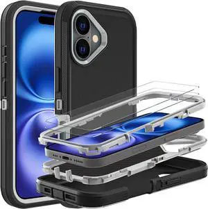 for iPhone 16 Case Military Grade 3 in 1 Heavy Duty Shockproof/Drop Proof/Dust Proof Case with 2Pcs Tempered Glass Screen Protector (Black/Grey)