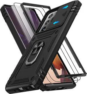 for  Galaxy Note 20 Ultra Case with Screen Protector*2 Note 20 Ultra Phone Case Build in 360° Rotating Ring Kickstand Military Grade Protective Cover for Note 20 Ultra Phone Black