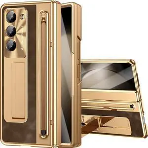for  Galaxy Z Fold 5 Case with S Pen & S Pen Holder Kickstand & Front Screen Protector Hinge Electroplating Leather Phone Cover for Z Fold 5 Case with Stand and Stylus  Gold with Coffee