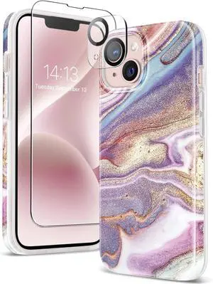 Marble for iPhone 13 Case with Screen Protector & Camera Lens Protector [10FT Military Grade Drop Protection] Slim TPU Phone Case Cover Women for iPhone 13 6.1 2021 (Flowing Sakura/Pink)