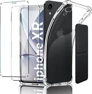 for iPhone XR 6.1-Inch Case Shockproof TPU Clear Cover with 2 Pack Tempered Glass Screen Protectors & Leather Kickstand (3M Adhesive Mount) for Stand/Horizontal Viewing Clear