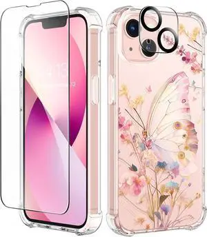 Designed for iPhone 13 Case 6.1 Inch with Tempered Glass Screen Protector + Camera Lens Protector Clear Flower Soft & Flexible Shockproof Floral Women Phone Cover (Magic Butterfly)