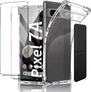 for Google Pixel 7a Case Shockproof TPU Clear Cover with 2 Pack Tempered Glass Screen Protectors & Leather Kickstand (3M Adhesive Mount) for Stand/Horizontal Viewing Clear