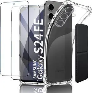 for  Galaxy S24 FE Case Shockproof TPU Clear Cover with 2 Pack Tempered Glass Screen Protectors & Leather Kickstand (3M Adhesive Mount) for Stand/Horizontal Viewing Clear