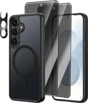 [4 in 1] Magnetic for  Galaxy S25 Case 2 Pics Privacy Screen Protectors and 1 Pic Camera Protector Fit for MagSafe Military Grade Shockproof Translucent Matte Galaxy S25 Cover 6.2 Black