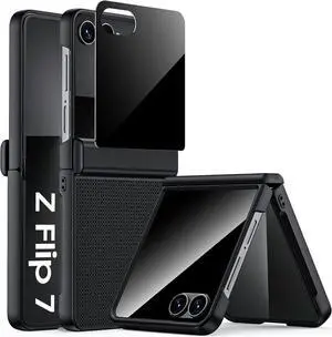 for  Galaxy Z Flip 7 Case with Privacy Screen Protector & Hinge Protection Slim Non-Slip Hard Full Body Shockproof Cover Wireless Charging Case for Galaxy Z Flip 7 (Black)