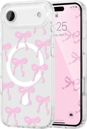 Magnetic for iPhone Air Case Bow Case Compatible with MagSafe Wireless Slim Clear Ribbon Aesthetic Phone Cover Anti-Yellowing Shockproof Protective Cover for Women Girl - Pink