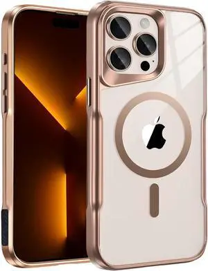 4 in 1 Ergonomic Magnetic for iPhone 15 Pro Max Case with 2Pcs Tempered Screen Protector + 1Pcs Lens Protector Military Grade Drop Protection (Gold for iPhone 15 Pro Max 6.7)