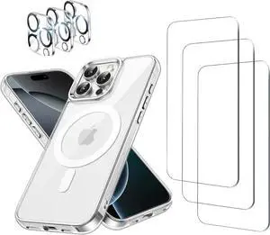 3 Pack Tempered Glass Screen Protector for iPhone 16 Pro [6.3 Inch] + Clear Case [Compatible with MagSafe] Magnetic Wireless Charging + 3 Pack Camera Lens Protector [7in1 Care Kit]