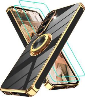 for  Galaxy S25 Plus Case: with 2Pcs Screen Protector 360° Rotation Ring Holder Magnetic Kickstand Plating Gold Edge Soft TPU Shockproof Protective Cover for S25 Plus Black