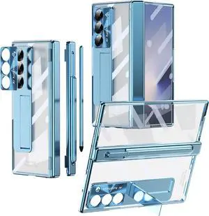 for  Galaxy Z Fold 7 Case with S Pen Holder & Stylus [Two Hinge Cover] Z Fold 7 Clear Kickstand Case Screen Protector Scratch-Resistant Full-Body Protective Cover for Z Fold 7 Blue