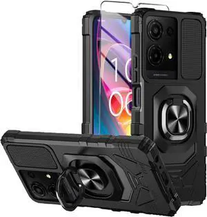 for TCL K32/K33 5G 2025 Phone Case with Tempered Glass Screen Protector Military Grade Shockproof Protective Cover with Ring Kickstand (Black)