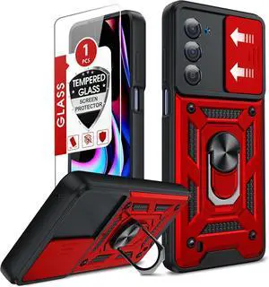 for Motorola Edge-2021 Case: Motorola Edge-5G UW 2021 Phone Case with Slide Camera Cover and Glass Screen Protector Military-Grade Protective Telefono Magnet Cover with Ring Holder Stand Red