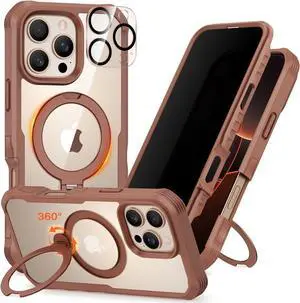 for iPhone 16 Pro Max Case Compatible with Magsafe Full Body Phone Case Built-in 9H Tempered Glass Privacy Screen Protector and 360° Spin Magnetic Stand Ring Camera Lens Cover -Desert Brown