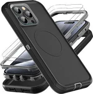 for iPhone 15 Pro Case Compatible with Magsafe Military Grade 3 in 1 Heavy Duty Shockproof/Drop Proof/Dust Proof Case with 2Pcs Tempered Glass Screen Protector (New-Black/Grey)