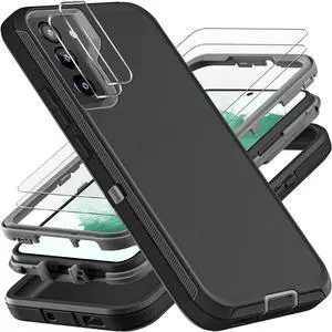 for  Galaxy S22 Plus Case Military Grade 3 in 1 Heavy Duty Shockproof/Drop Proof/Dust Proof Case with 2Pcs Tempered Glass Screen Protector & Camera Lens Protector (Black/Grey)