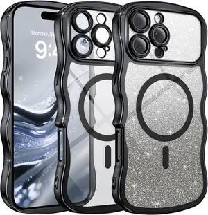 for iPhone 16 Pro Max Case Clear [Compatible with MagSafe][Full Camera Protection][Cute Wave Frame][DIY Glitter Cardstock] Electroplated Wavy Shockproof 16ProMax Phone Case 6.9 Black