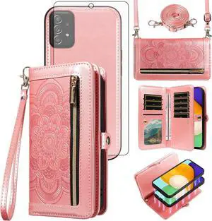 Phone Case for  Galaxy A52/A52S 5G Zipper Wallet Detachable Cell Cover with Tempered Glass Screen Protector Crossbody Strap Flower Card Holder A 52 S 4G G5 52A S52 52S Women Rose Gold