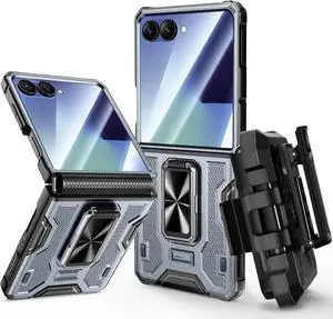 for Z Flip 7 Case  Galaxy Flip 7 Case with 360° Rotatable Ring Kickstand & Belt Clip Holster & 9H HD Tempered Glass Camera Screen Protector & Hinge Protection Shockproof Cover - Grey