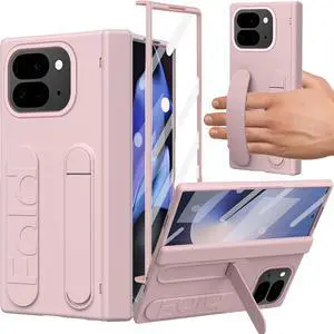 for Google Pixel 10 Pro Fold Case with Wrist Strap Hand Strap Case with Kickstand Hinge Protection Screen Protector Raised Edge Camera Cover for Google Pixel 10 Pro Fold Pink