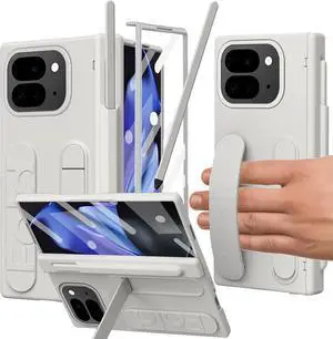 for Google Pixel 9 Pro Fold Case with S Pen Holder & Stylus Hand Strap Phone Case with Hinge Protection Screen Protector Kickstand Wrist Strap Cover for Google Pixel 9 Pro Fold White