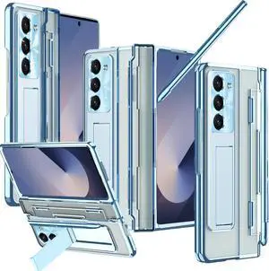 for  Galaxy Z Fold 7 Case with S Pen & S Pen Holder Kickstand & Front Screen Protector Hinge Electroplating Hard Phone Cover for Z Fold 7 Case with Stand and Stylus Slot  Clear Blue