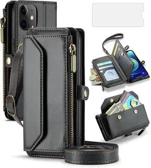 Phone Case for iPhone 12 Mini 5.4 Zipper Wallet Cover with Tempered Glass Screen Protector and Flip RFID Blocking Card Holder Stand Cell iPhone12mini 5G i 12s iPhone12 12mini Women Girls Black