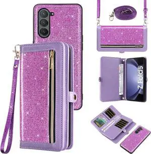 Phone Case for  Galaxy Z Fold 5 5G 2023 Zipper Wallet Detachable Cell Cover with Crossbody Lanyard Strap Bling Glitter Flip Card Holder Slot ZFold5 Z5 G Fold5 5Z Women Men Girls Purple