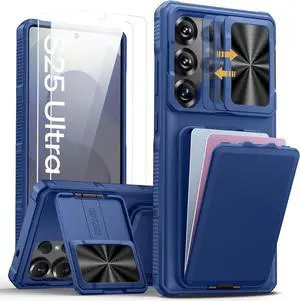 for  Galaxy S25 Ultra Case with 2X Screen Protector Stand & Credit Card Holder & Sliding Camera Cover Full-Body Drop Proof Silicone Edge Protective Cover for S25 Ultra Blue