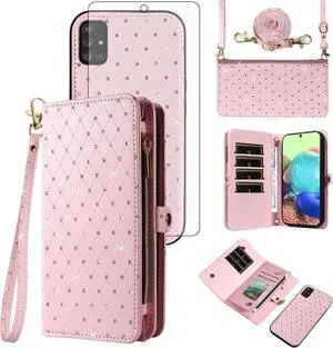 Phone Case for  Galaxy A71 5G Zipper Wallet Detachable Cell Cover with Tempered Glass Screen Protector Crossbody Lanyard Strap Glitter Flip Card Holder Slot A 71 G5 71A S71 Women Pink