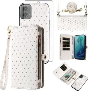 Phone Case for Motorola Moto G 5G 2024 Zipper Wallet Detachable Cell Cover with Tempered Glass Screen Protector Crossbody Lanyard Strap Glitter Flip Card Holder Slot G5G 5 G G5 Women Men White