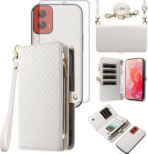 Phone Case for Motorola Moto G Stylus 5G 2024 Zipper Wallet Detachable Cell Cover with Tempered Glass Screen Protector Crossbody Lanyard Strap Flip Card Holder Slot G5 Women Men Girls White