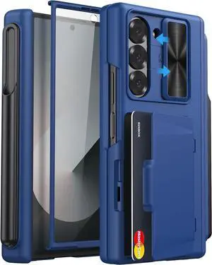 for  Galaxy Z Fold 6 Wallet Case & S Pen Holder & Hinge Protection & Camera Cover Built-in Card Holder & Screen Protector Durable Multifunctional Phone Cover Case for Z Fold 6 5G Blue