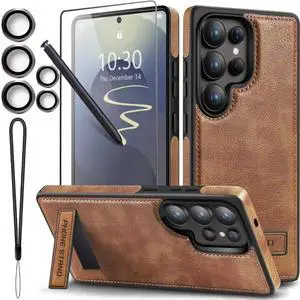 for Galaxy S25 Ultra Leather Case with Hidden Alloy Stand Vintage Leather Kickstand Phone Case with Camera Lens and Screen Protector (Brown)