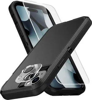 Heavy Duty Made for iPhone 15 Plus Case with Tempered Glass Screen Camera Lens Protector 3-Layer Full Body Protection - Shockproof Dustproof Cover for 15 Plus Phone Case 6.7 (Black)