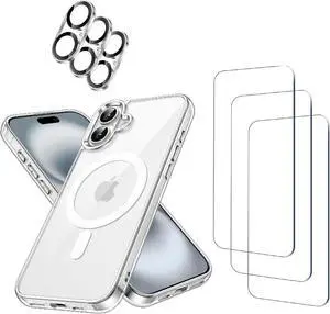 3 Pack Tempered Glass Screen Protector for iPhone 16 Plus [6.7 Inch] + Clear Case [Compatible with MagSafe] Magnetic Wireless Charging + 3 Pack Camera Lens Protector [7in1 Care Kit]
