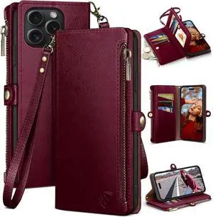 Compatible with iPhone 14 Pro Max 6.7 Wallet case with Zipper Credit Card HolderRFID Blocking Flip Folio Book PU Phone case Shockproof Cover Men Women for  14 Pro Max case Wine Red
