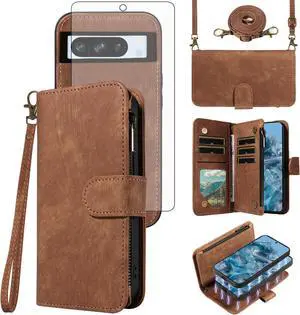 Phone Case for Google Pixel 8 Pro 5G Zipper Wallet Detachable Magnetic Cover with Tempered Glass Screen Protector Crossbody Lanyard Card Holder Pixel8Pro Pixel8 XL Eight 8Pro Women Girls Brown