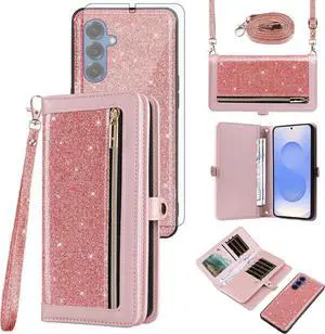 Phone Case for  Galaxy S25 5G Zipper Wallet Cell Cover with Screen Protector Crossbody Lanyard Strap Bling Glitter Flip Card Holder Slot S 25 25S 25 25S SM-S931U Women Men Girls Pink