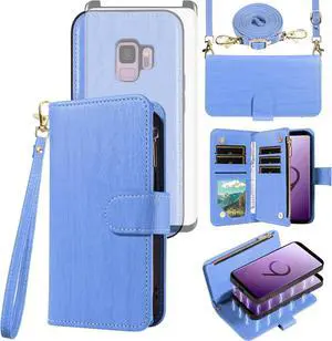 Phone Case for Galaxy S9 Zipper Wallet Magnetic Detachable Cell Cover with Tempered Glass Screen Protector Crossbody Lanyard Strap Retro Card Holder S 9 Edge 9S GS9 Women Girls Blue Phone Case for Galaxy S9 Zipper Wallet Magnetic Detachable Cell Cover with Tempered Glass Screen Protector Crossbody Lanyard Strap Retro Card Holder S 9 Edge 9S GS9 Women Girls Blue