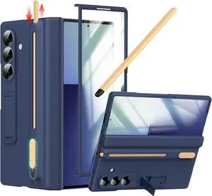 for  Galaxy Z Fold 7 Case with S Pen Holder & Slim Stylus Z Fold 7 Pen Holder Case with Kickstand Z Fold 7 Hinge Cover Full Coverage Screen Protector Stand Case for Z Fold 7 Dark Blue