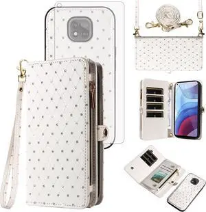 Phone Case for Moto G Power 2021 Zipper Wallet Detachable Cell Cover with Tempered Glass Screen Protector Strap Glitter Flip Card Holder Slot Motorola GPower 21 5G Version XT2117-4 Women White