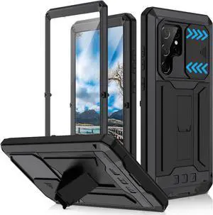 Compatible for  Galaxy S22 Ultra Metal Case Heavy Duty Dust Proof Military Grade Rugged Case with Sliding Camera Cover and Built-in Foldable Kickstand with Full-Body Bumper Cover (Black)