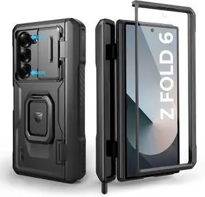 for  Galaxy Z Fold 6 Case with Ring Stand & S Pen Holder & Slide Camera Cover & Hinge Protection & Screen Protector Heavy Duty Bumper Rugged Case Cover for Z Fold 6(2024) Black