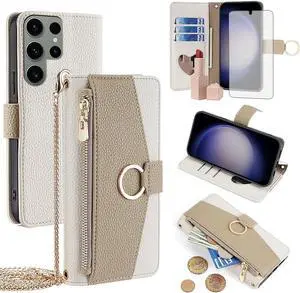 Phone Case for  Galaxy S23 Ultra 5G Wallet Cover with Screen Protector and Mirror Flip Cover Ring Card Holder Crossbody Strap Cell S23Ultra 23S S 23 23Ultra 6.8 inch Women Girls White
