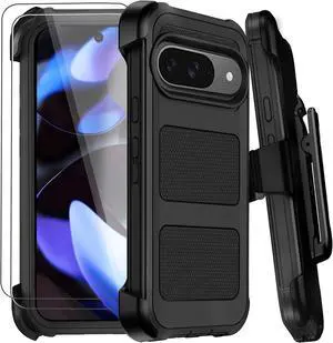 for Google Pixel 9 & 9 Pro Case with Belt Clip Holster & Kickstand | Military Grade Drop Tested Shockproof | Heavy Duty Rugged Cover | 2X Screen Protectors | Defender Bumper Protective Case (Black)